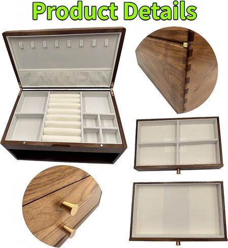 صندوق مجوهرات خشبي من خشب الجوز الأسود - منظم مجوهرات كبير من 3 طبقات مع بطانة مخملية، حقيبة تخزين خشبية مصنوعة يدويًا للقلائد والخواتم والأقراط - هدية رائعة لعيد الحب والذكرى السنوية in Kuwait