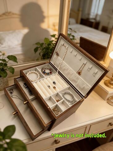صندوق مجوهرات خشبي من خشب الجوز الأسود - منظم مجوهرات كبير من 3 طبقات مع بطانة مخملية، حقيبة تخزين خشبية مصنوعة يدويًا للقلائد والخواتم والأقراط - هدية رائعة لعيد الحب والذكرى السنوية in Kuwait