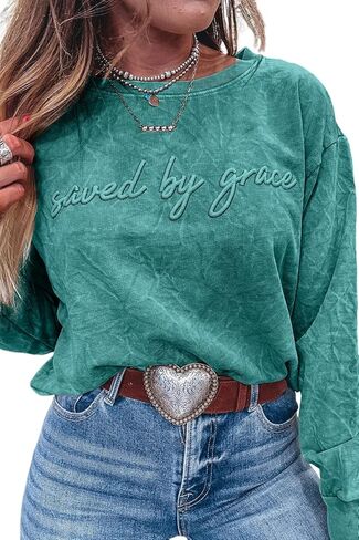 KevaMolly Womens Long Sleeve Sweatshirt Letter Embroidery Mineral Wash Loose Sweatshirt Round Neck Fall Top in Kuwait