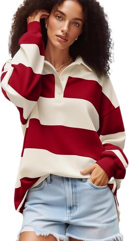 Women Striped Polo Sweatshirt Oversized Long Sleeve Lapel V Neck Pullover Shirt Trendy Rugby Shirts in Saudi Arabia