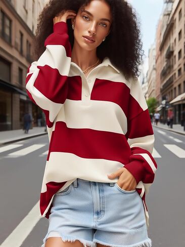 Women Striped Polo Sweatshirt Oversized Long Sleeve Lapel V Neck Pullover Shirt Trendy Rugby Shirts in Saudi Arabia