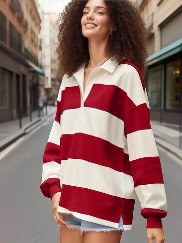 Women Striped Polo Sweatshirt Oversized Long Sleeve Lapel V Neck Pullover Shirt Trendy Rugby Shirts in Saudi Arabia