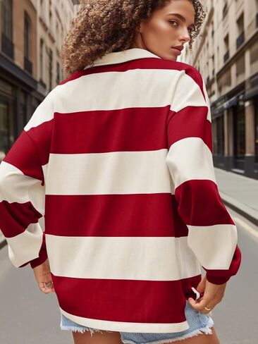Women Striped Polo Sweatshirt Oversized Long Sleeve Lapel V Neck Pullover Shirt Trendy Rugby Shirts in Saudi Arabia