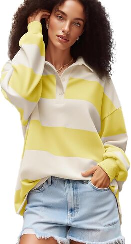 سويت شيرت بولو مخطط للنساء مقاس كبير وأكمام طويلة وياقة على شكل V، بلوفر، قمصان الرجبي العصرية in Kuwait