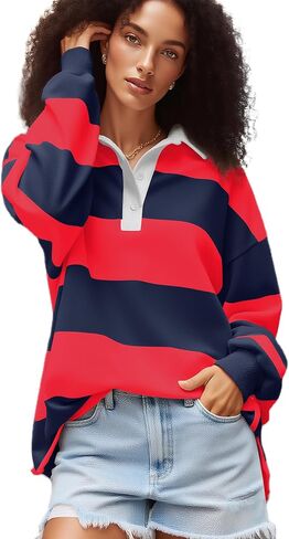 Women Striped Polo Sweatshirt Oversized Long Sleeve Lapel V Neck Pullover Shirt Trendy Rugby Shirts in Saudi Arabia