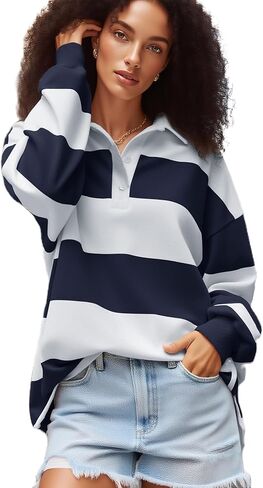 Women Striped Polo Sweatshirt Oversized Long Sleeve Lapel V Neck Pullover Shirt Trendy Rugby Shirts in Saudi Arabia