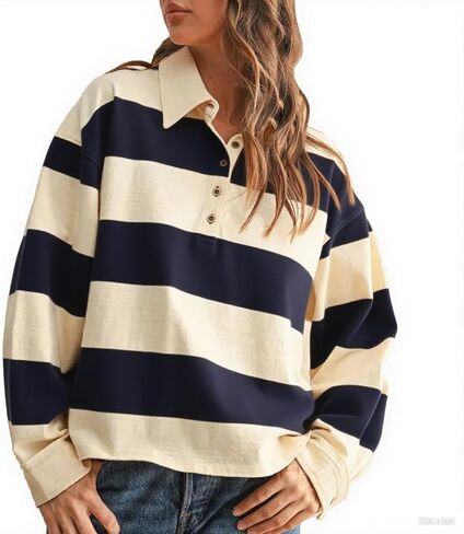 Women Striped Polo Sweatshirt Oversized Long Sleeve Lapel V Neck Pullover Shirt Trendy Rugby Shirts in Saudi Arabia