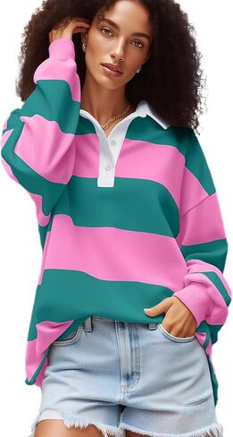 Women Striped Polo Sweatshirt Oversized Long Sleeve Lapel V Neck Pullover Shirt Trendy Rugby Shirts in Saudi Arabia
