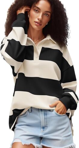 Women Striped Polo Sweatshirt Oversized Long Sleeve Lapel V Neck Pullover Shirt Trendy Rugby Shirts in Saudi Arabia