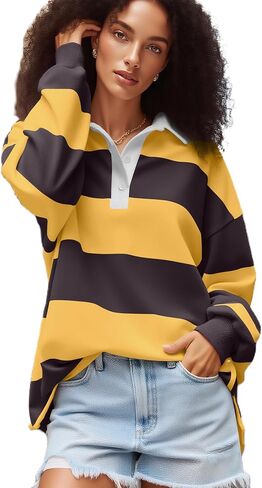 Women Striped Polo Sweatshirt Oversized Long Sleeve Lapel V Neck Pullover Shirt Trendy Rugby Shirts in Saudi Arabia