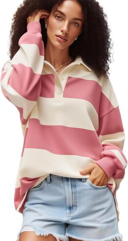 Women Striped Polo Sweatshirt Oversized Long Sleeve Lapel V Neck Pullover Shirt Trendy Rugby Shirts in Saudi Arabia