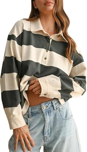 Women Striped Polo Sweatshirt Oversized Long Sleeve Lapel V Neck Pullover Shirt Trendy Rugby Shirts in Saudi Arabia