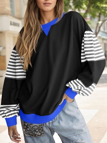 Fisoew Womens Color Block Oversized Sweatshirt Casual Lantern Long Sleeve Crewneck Striped Pullover Tops Fall Outfits Black in Saudi Arabia