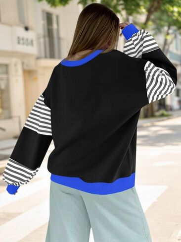 Fisoew Womens Color Block Oversized Sweatshirt Casual Lantern Long Sleeve Crewneck Striped Pullover Tops Fall Outfits Black in Saudi Arabia