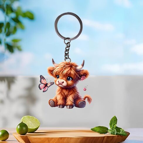 Acrylic Fluffy Highland Cow Keychain - Cute Cow with Butterfly Key Ring for Keys, Bags, Cars | Ideal Gift for Farm Animal Lovers/YSK-74 in Saudi Arabia
