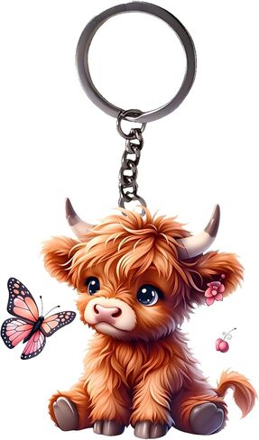 Acrylic Fluffy Highland Cow Keychain - Cute Cow with Butterfly Key Ring for Keys, Bags, Cars | Ideal Gift for Farm Animal Lovers/YSK-74 in Saudi Arabia