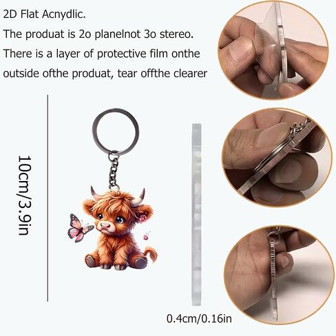Acrylic Fluffy Highland Cow Keychain - Cute Cow with Butterfly Key Ring for Keys, Bags, Cars | Ideal Gift for Farm Animal Lovers/YSK-74 in Saudi Arabia
