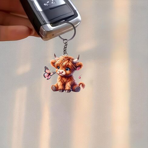 Acrylic Fluffy Highland Cow Keychain - Cute Cow with Butterfly Key Ring for Keys, Bags, Cars | Ideal Gift for Farm Animal Lovers/YSK-74 in Saudi Arabia