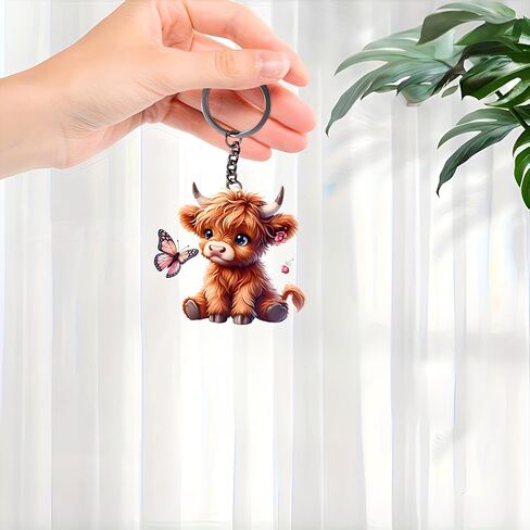 Acrylic Fluffy Highland Cow Keychain - Cute Cow with Butterfly Key Ring for Keys, Bags, Cars | Ideal Gift for Farm Animal Lovers/YSK-74 in Saudi Arabia