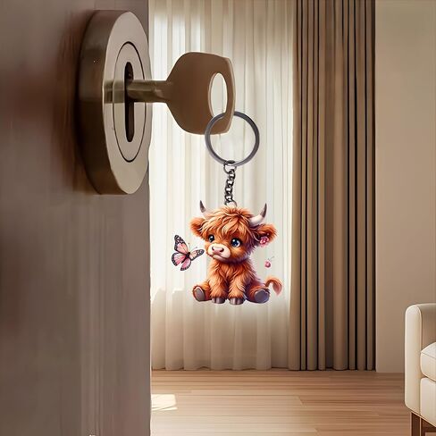 Acrylic Fluffy Highland Cow Keychain - Cute Cow with Butterfly Key Ring for Keys, Bags, Cars | Ideal Gift for Farm Animal Lovers/YSK-74 in Saudi Arabia