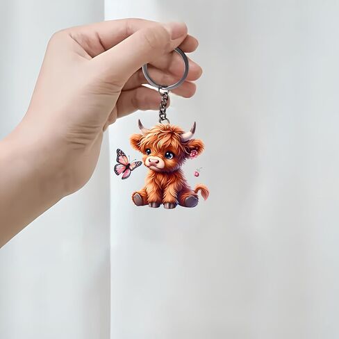 Acrylic Fluffy Highland Cow Keychain - Cute Cow with Butterfly Key Ring for Keys, Bags, Cars | Ideal Gift for Farm Animal Lovers/YSK-74 in Saudi Arabia