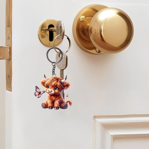 Acrylic Fluffy Highland Cow Keychain - Cute Cow with Butterfly Key Ring for Keys, Bags, Cars | Ideal Gift for Farm Animal Lovers/YSK-74 in Saudi Arabia