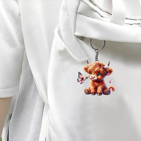Acrylic Fluffy Highland Cow Keychain - Cute Cow with Butterfly Key Ring for Keys, Bags, Cars | Ideal Gift for Farm Animal Lovers/YSK-74 in Saudi Arabia