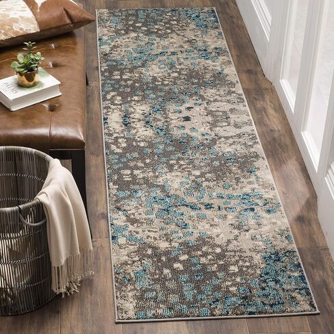 سجادة SAFAVIEH Monaco Collection - 2'2" x 8'، رمادي وأزرق فاتح، تصميم بوهو شيك بألوان مائية تجريدية، لا يتساقط ويسهل العناية به، مثالي للمناطق ذات حركة المرور العالية في غرفة المعيشة وغرفة النوم (MNC225E) in Saudi Arabia