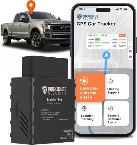 Brickhouse Security TrackPort Pro - جهاز تعقب GPS التشخيصي للمركبات، وموقع السيارة، والسرعة، وصحة البطارية، والمسافة المقطوعة، وتقرير بيانات تشخيص السيارة - يتم توصيله بمنفذ OBD - يلزم الاشتراك in Kuwait