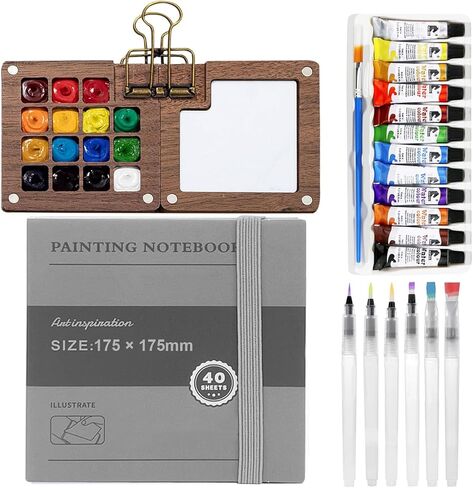 مجموعة لوحة ألوان مائية صغيرة محمولة مكونة من 7 قطع مجموعة ألوان مائية خشبية للسفر مع 3 فرش و12 لونًا وصندوق لوحة ألوان خشبي وكتاب للمشابك والرسم ومجموعة ألوان مائية للمبتدئين والمحترفين in Kuwait