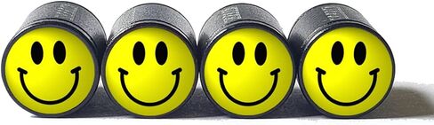 Yellow Happy Face Tire Valve Caps - Black Aluminum - Set of Four in Saudi Arabia