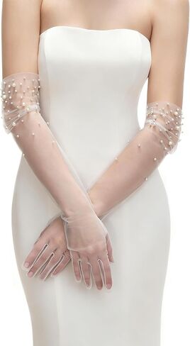 Bridal Gloves Long with Pearl,Tulle Wedding Gloves,Sheer Women Sleevs,for Wedding Bridal Dance Opera Tea Party in Saudi Arabia