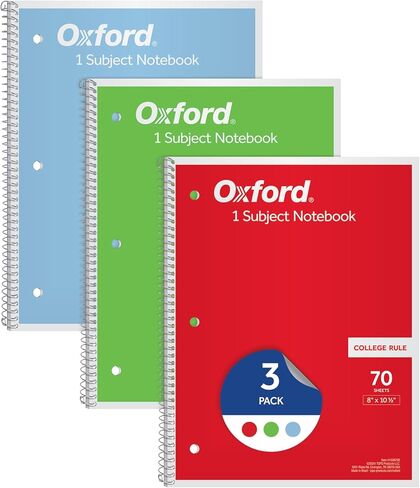 Oxford 1-Subject Notebooks, Notebooks for School, 8 x 10.5 Inches, College Rule, 70 Sheets, Assorted Primary Colors, 3 Pack, Colors May Vary (1006792) in Saudi Arabia