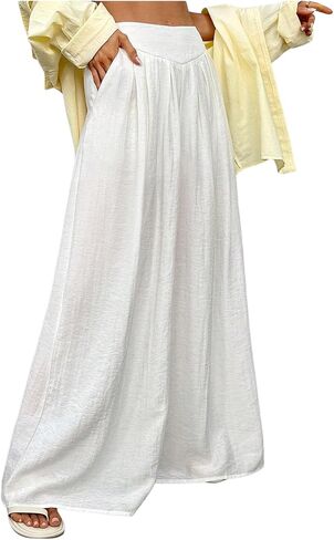 بنطلون بالازو نسائي واسع الساق مطوي من GORGLITTER بنطال بالازو ذو خصر عالٍ وواسع وواسع وشفاف للصيف والشاطئ in Kuwait