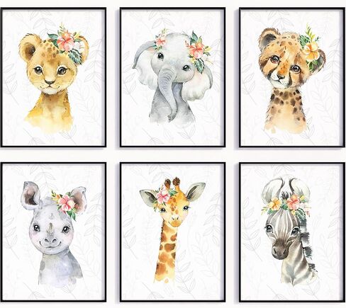 مطبوعات فنية جدارية لحيوانات سفاري - ديكور الحضانة - صور حيوانات الغابة - مجموعة من 6 - 8 × 10 - غير مؤطرة - ألوان مائية in Kuwait