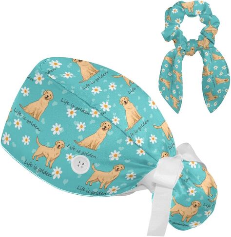 Scrub Caps Women, Surgical Cap with Buttons, Ponytail Nurse Hat, Bouffant Scrub Hat with Hair Scrunchy Adjustable, Dog Golden Retriever Cartoon Animal Cute Turquoise Summer Daisy Floral in Kuwait
