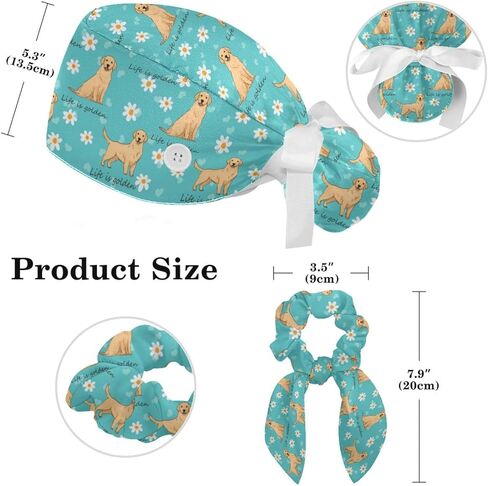 Scrub Caps Women, Surgical Cap with Buttons, Ponytail Nurse Hat, Bouffant Scrub Hat with Hair Scrunchy Adjustable, Dog Golden Retriever Cartoon Animal Cute Turquoise Summer Daisy Floral in Kuwait