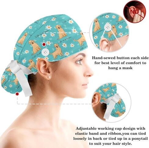 Scrub Caps Women, Surgical Cap with Buttons, Ponytail Nurse Hat, Bouffant Scrub Hat with Hair Scrunchy Adjustable, Dog Golden Retriever Cartoon Animal Cute Turquoise Summer Daisy Floral in Kuwait