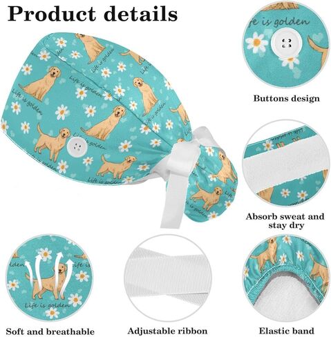 Scrub Caps Women, Surgical Cap with Buttons, Ponytail Nurse Hat, Bouffant Scrub Hat with Hair Scrunchy Adjustable, Dog Golden Retriever Cartoon Animal Cute Turquoise Summer Daisy Floral in Kuwait