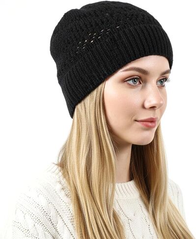 Black Beanies Knit Hat, Boho Black Beanie for Women Ladies, Mesh Slouchy Thin Knitted Hat, Lightweight Crochet Caps Decorative, Hollow Style, Fall, Spring in Saudi Arabia
