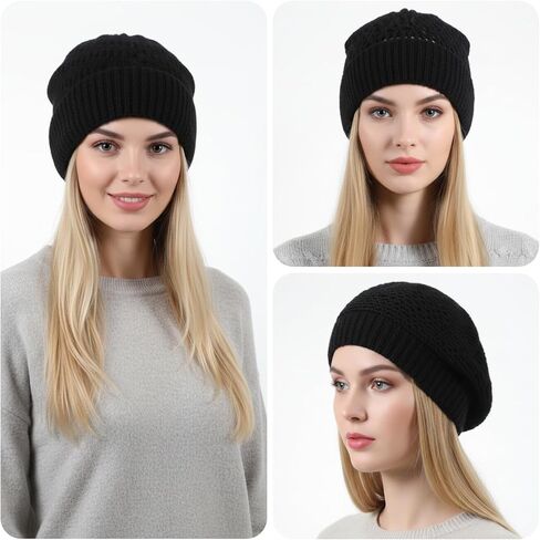 Black Beanies Knit Hat, Boho Black Beanie for Women Ladies, Mesh Slouchy Thin Knitted Hat, Lightweight Crochet Caps Decorative, Hollow Style, Fall, Spring in Saudi Arabia