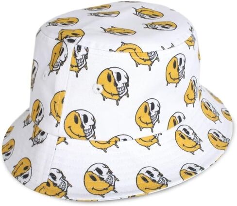 Creepy Co. Have a Nice Decay Bucket Hat – White Cotton Twill All Over Print – 90s Retro Goth Summer Cap with Skeleton Grin Design – One Size in Saudi Arabia