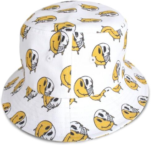 Creepy Co. Have a Nice Decay Bucket Hat – White Cotton Twill All Over Print – 90s Retro Goth Summer Cap with Skeleton Grin Design – One Size in Saudi Arabia