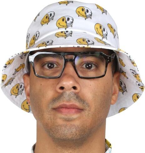 Creepy Co. Have a Nice Decay Bucket Hat – White Cotton Twill All Over Print – 90s Retro Goth Summer Cap with Skeleton Grin Design – One Size in Saudi Arabia