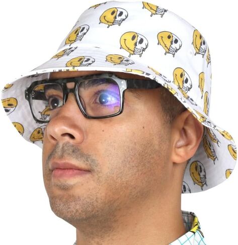 Creepy Co. Have a Nice Decay Bucket Hat – White Cotton Twill All Over Print – 90s Retro Goth Summer Cap with Skeleton Grin Design – One Size in Saudi Arabia