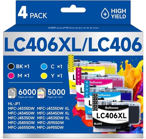 خراطيش حبر LC406XL LC406 لطابعة Brother LC 406 XL 406XL MFC-J4335DW خرطوشة حبر متوافقة مع طابعة Brother MFC-J4535DW MFC-J5855DW MFC-J6555DW MFC-J6955DW (4 عبوات عالية الإنتاجية، BK/C/M/Y) in Kuwait