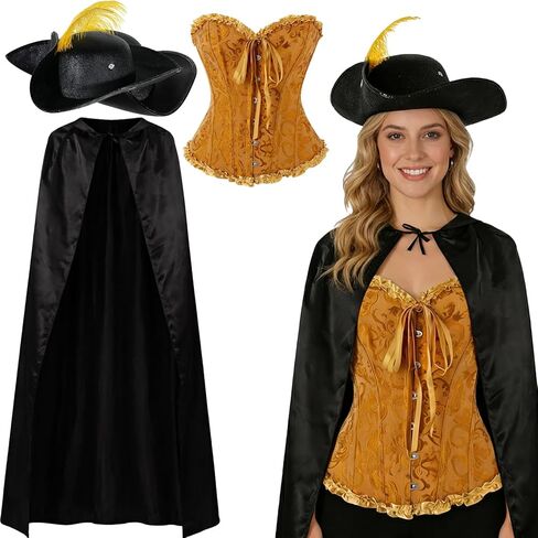 Simple polymer 3 Pcs Women Puss Costume Cat in Boots Cosplay Accessories Top Hat with Feather Puss Cloak Halloween Costume Orange in Kuwait