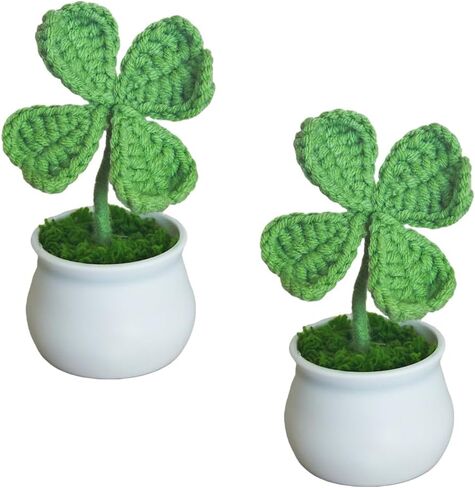Handmade Crochet Four Leaf Clover Potted Plants 2 Pieces Knitted Lucky Clover Artificial Plant for St. Patricks Day Car Dashboard Decor Office Desk Decorations,Green Style A in Saudi Arabia