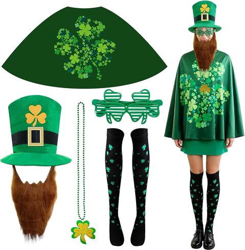 Adult St. Patrick's Day Costume Set - Green Leprechaun Hat with Beard, Shamrock Cloak, Printed Socks, Shamrock Necklace & Glasses - Perfect for Irish Parade, Bar Crawl & Festival Party in Kuwait