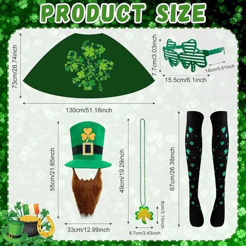Adult St. Patrick's Day Costume Set - Green Leprechaun Hat with Beard, Shamrock Cloak, Printed Socks, Shamrock Necklace & Glasses - Perfect for Irish Parade, Bar Crawl & Festival Party in Kuwait